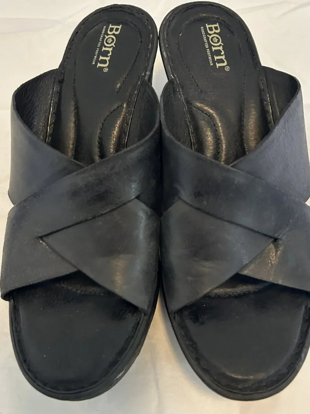 Børn Black Leather Crisscross Platform Wedge Slide Sandals 9M